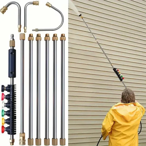 Telescoping Pressure Washer Extension Wand 24 ft Reach Brass & Stainless Steel 4000 PSI 284°F 0-40° Nozzles for Gutter Cleaning Roof | Thomler