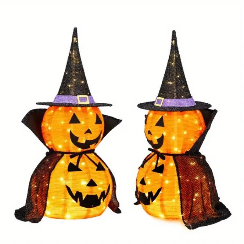 Glowing 3 ft LED Jack-O'-Lantern with Wizard Hat – Set of 2 Foldable Outdoor Halloween Yard Figures for Lawn, Porch & Indoor Party Displays | Thomler