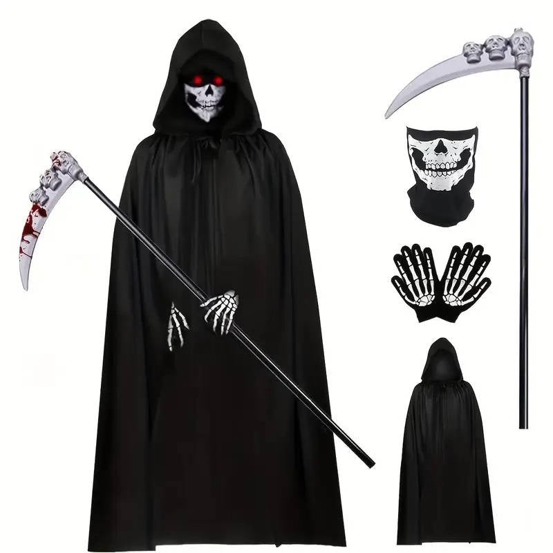 Hooded Reaper Costume with Light-Up Eyes & Glowing Skeleton Gloves for Halloween | Thomler