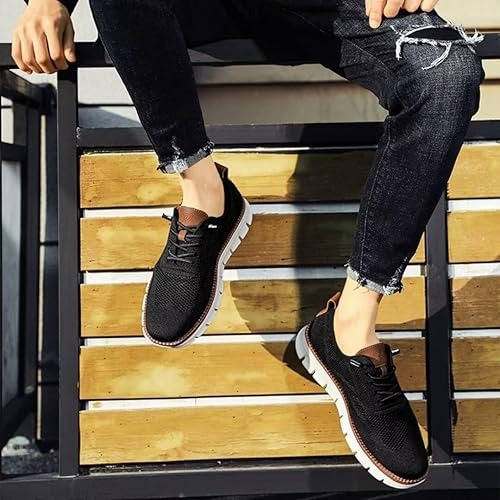 Men's Breathable Slip-On Dress Shoes – Cushioned Wide Toe Box Lightweight Knit Oxford for Work Office Casual Everyday Comfort | Thomler