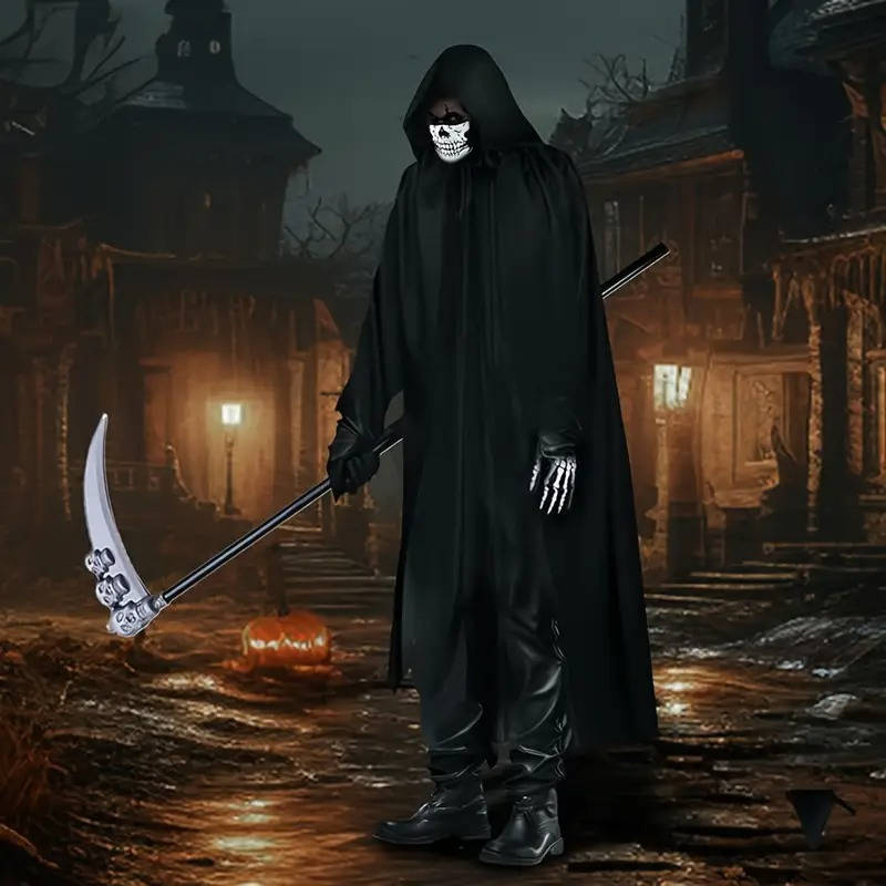Hooded Reaper Costume with Light-Up Eyes & Glowing Skeleton Gloves for Halloween | Thomler