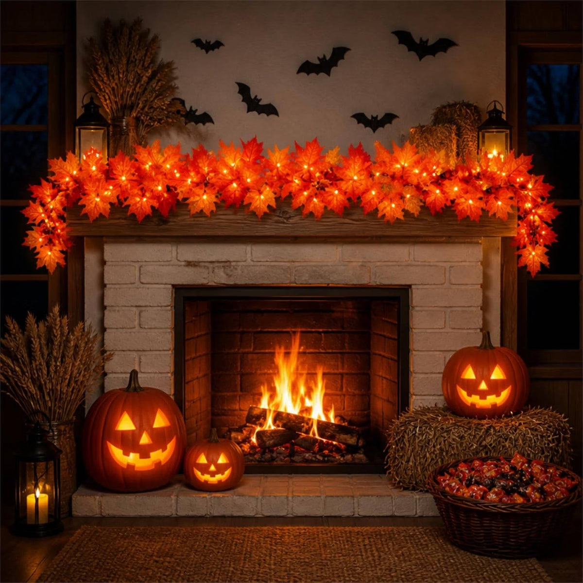 9 ft Lighted Autumn Garland with 50 Orange Bulbs – Indoor & Outdoor Fall Decor | Thomler