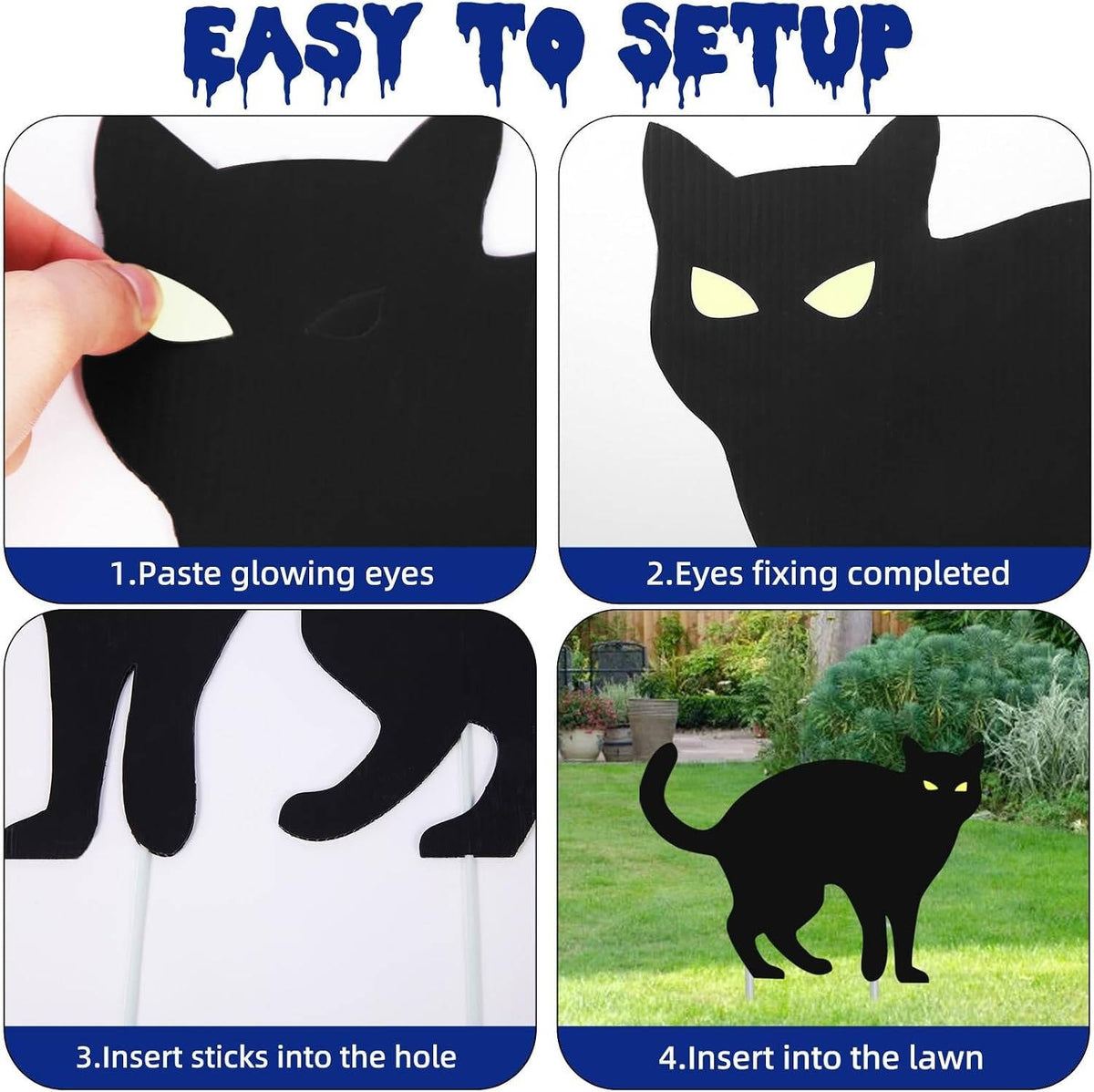 Glow-in-the-Dark Black Cat Silhouette Stakes for Halloween Yard Decorations – 6-Piece Set with Phosphorescent Eyes | Thomler