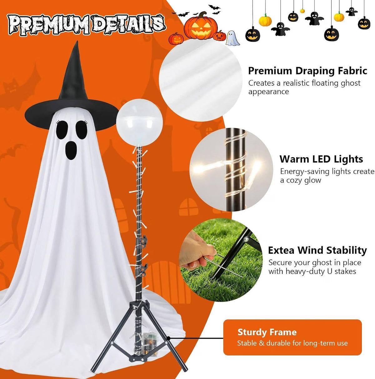 Remote-Control LED Ghost Yard Decorations 5 ft Tall – 2-Pack Lighted Halloween Figures with Timers, Fabric Drape & Stakes for Outdoor | Thomler