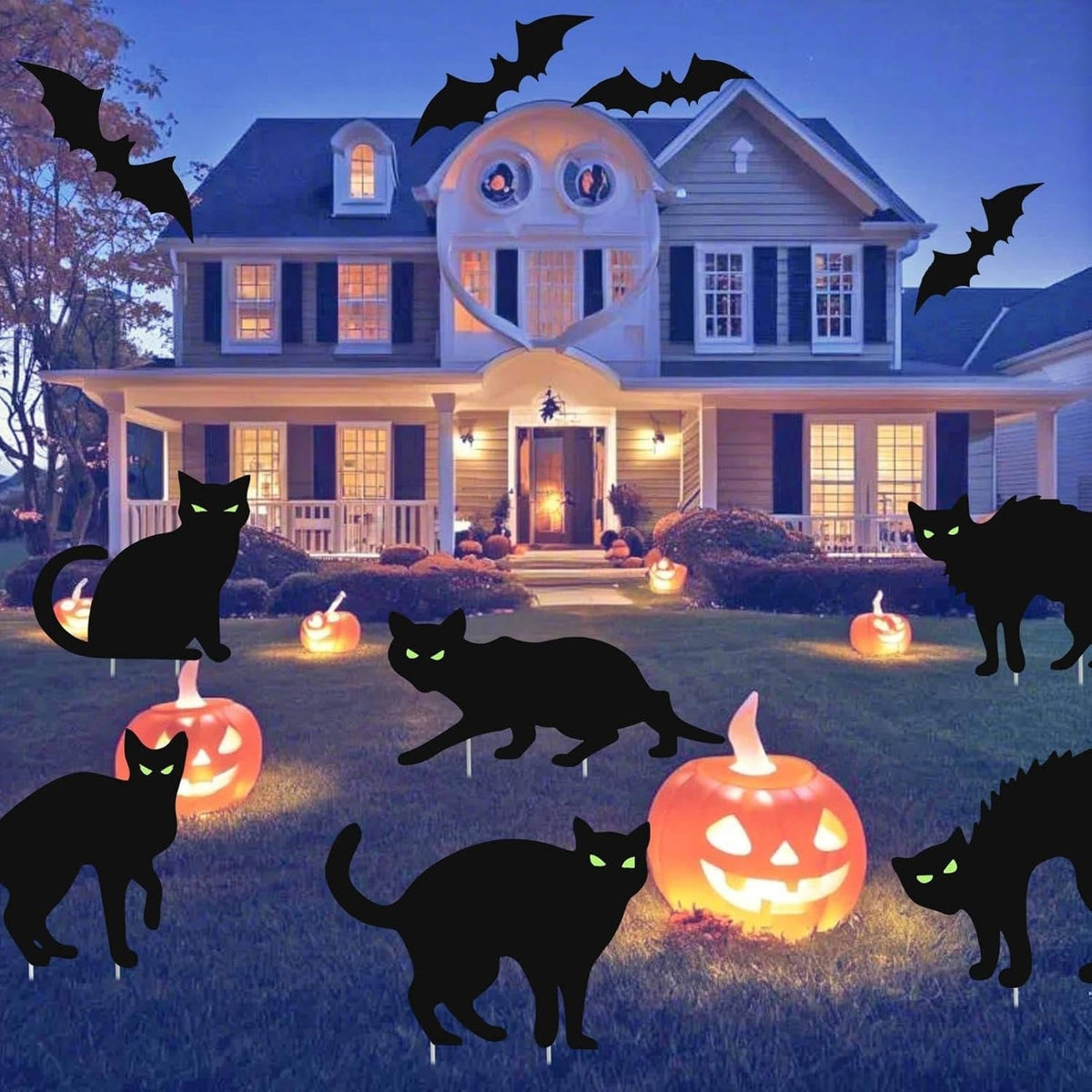 Glow-in-the-Dark Black Cat Silhouette Stakes for Halloween Yard Decorations – 6-Piece Set with Phosphorescent Eyes | Thomler