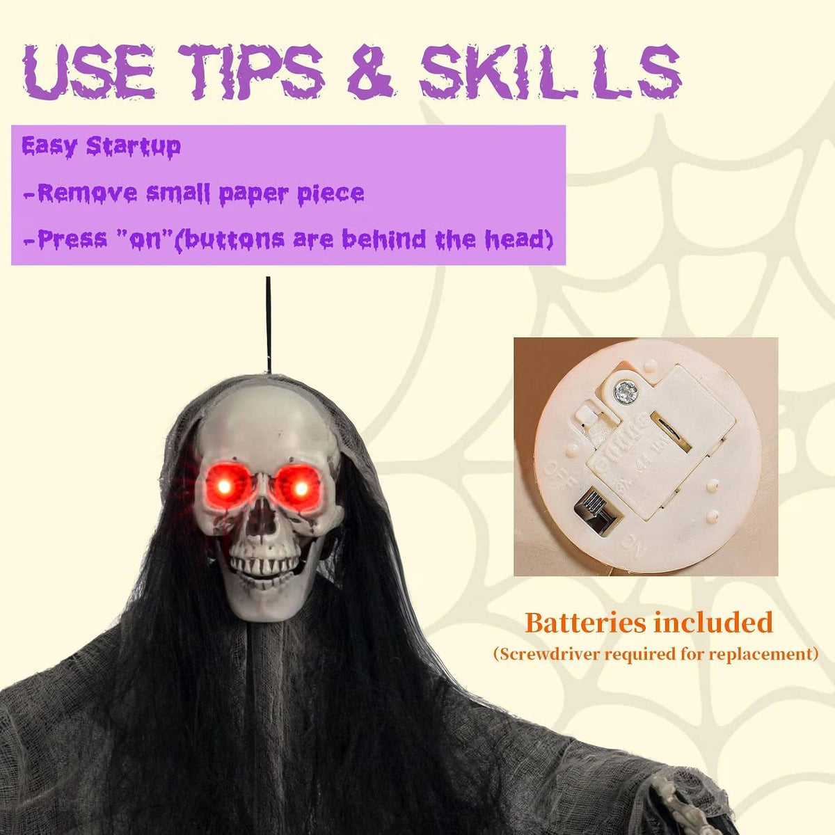 Hanging Skull Phantom Trio with Glowing Eyes – Indoor Outdoor Halloween Decor Set | Thomler