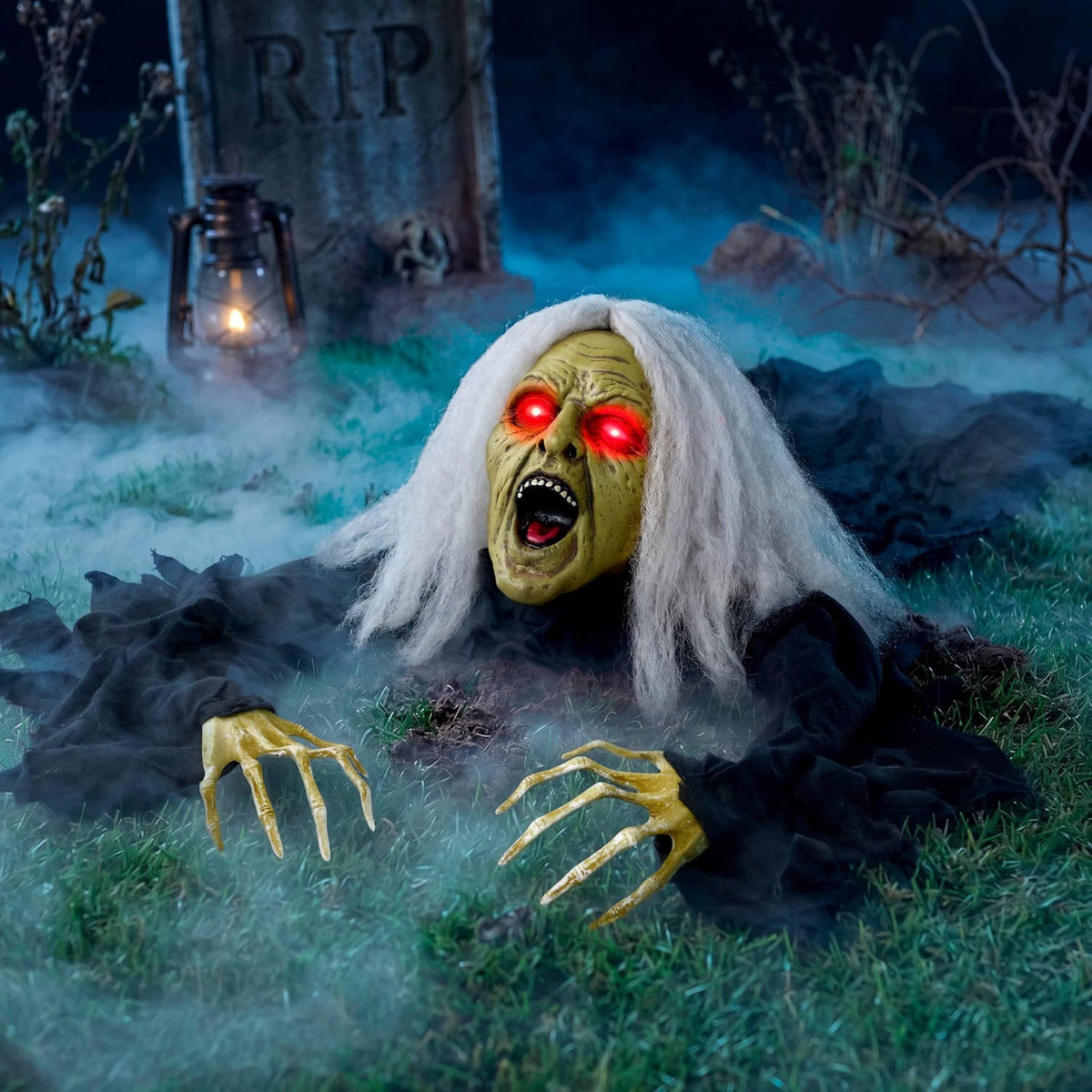 Motion-Activated Graveyard Zombie Prop with Glowing Red Eyes and Scary Moans for Halloween Yard Decor | Thomler