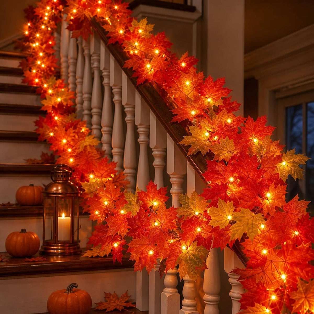 9 ft Lighted Autumn Garland with 50 Orange Bulbs – Indoor & Outdoor Fall Decor | Thomler