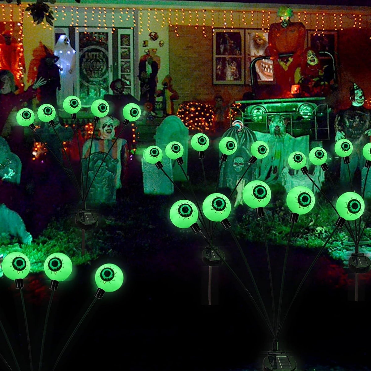 Solar-Powered LED Eyeball Garden Stakes – Set of 4 Spooky Outdoor Lights for Halloween Yard Decor – Weatherproof Lawn Path Illumination | Thomler