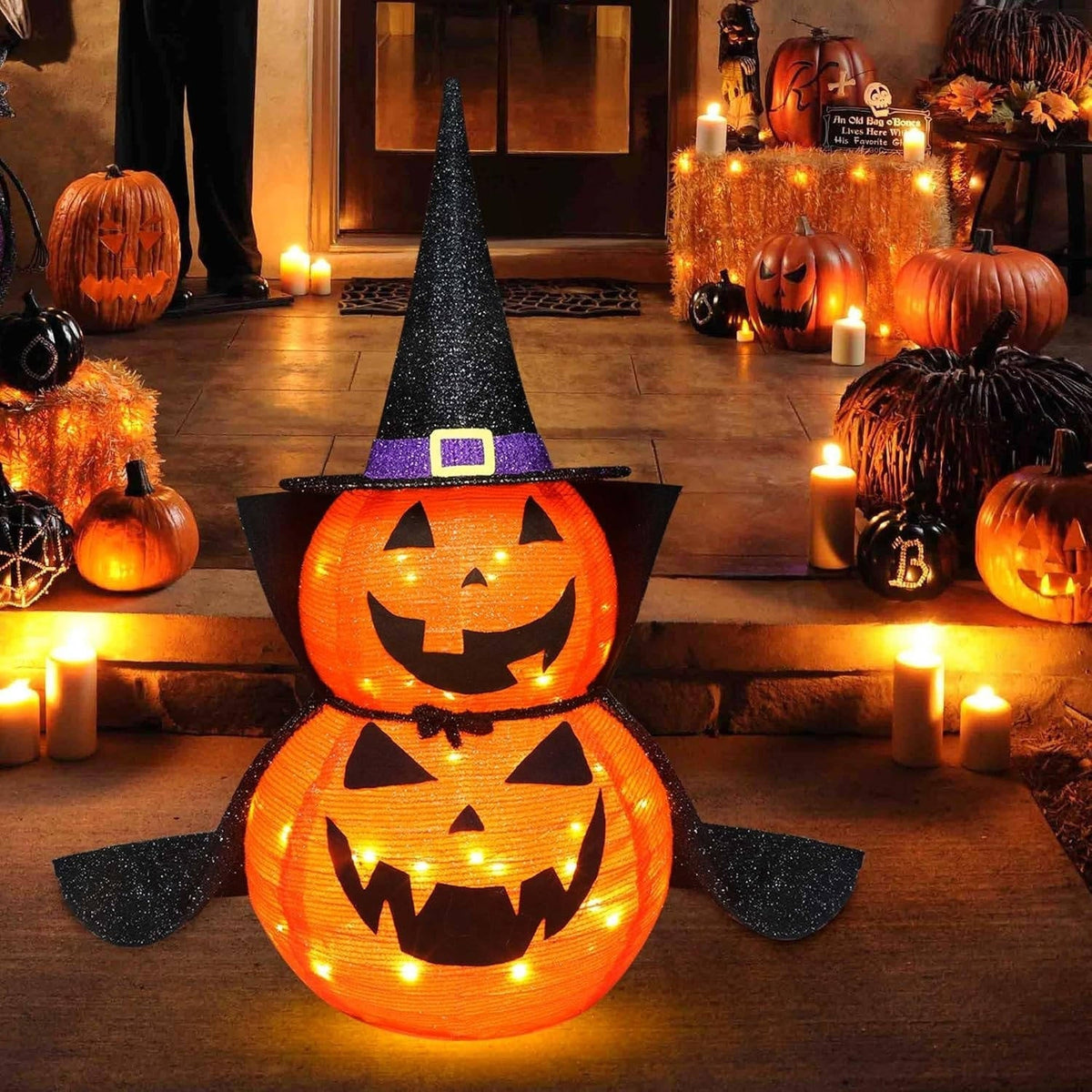 Glowing 3 ft LED Jack-O'-Lantern with Wizard Hat – Set of 2 Foldable Outdoor Halloween Yard Figures for Lawn, Porch & Indoor Party Displays | Thomler