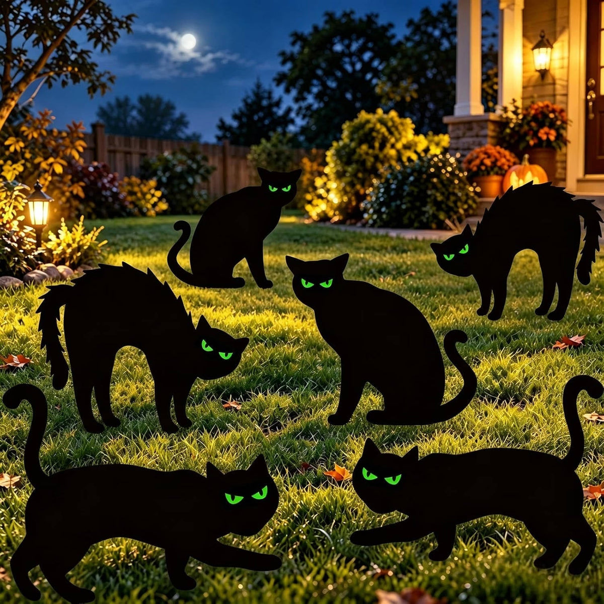 Glow-in-the-Dark Black Cat Silhouette Stakes for Halloween Yard Decorations – 6-Piece Set with Phosphorescent Eyes | Thomler