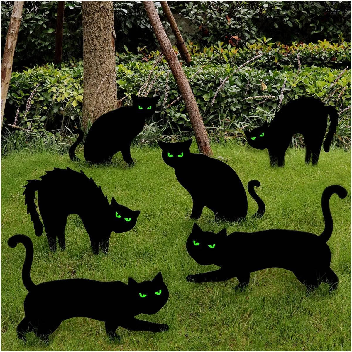 Glow-in-the-Dark Black Cat Silhouette Stakes for Halloween Yard Decorations – 6-Piece Set with Phosphorescent Eyes | Thomler