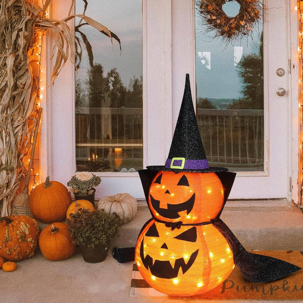Glowing 3 ft LED Jack-O'-Lantern with Wizard Hat – Set of 2 Foldable Outdoor Halloween Yard Figures for Lawn, Porch & Indoor Party Displays | Thomler