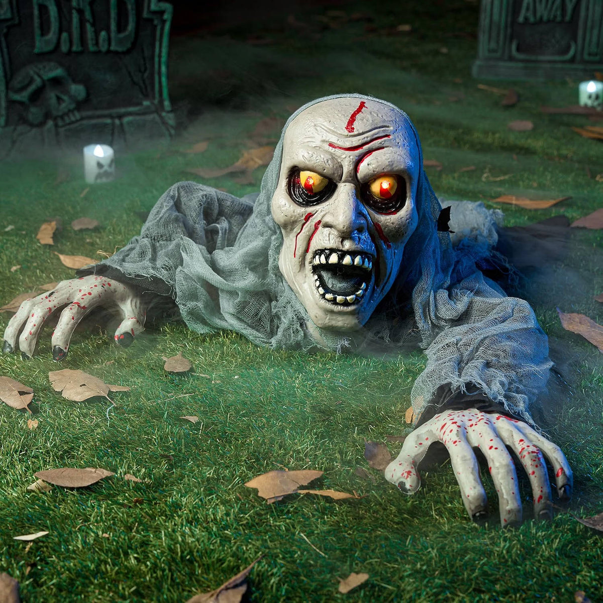 Motion-Activated Graveyard Zombie Prop with Glowing Red Eyes and Scary Moans for Halloween Yard Decor | Thomler
