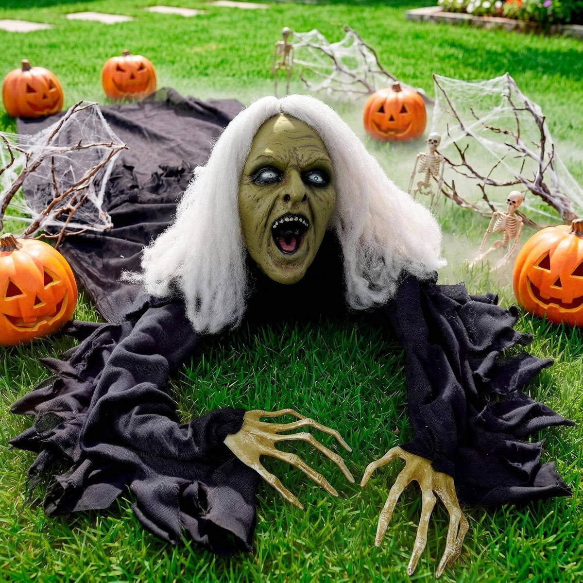 Motion-Activated Graveyard Zombie Prop with Glowing Red Eyes and Scary Moans for Halloween Yard Decor | Thomler