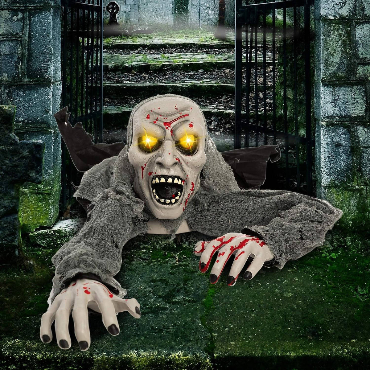 Motion-Activated Graveyard Zombie Prop with Glowing Red Eyes and Scary Moans for Halloween Yard Decor | Thomler