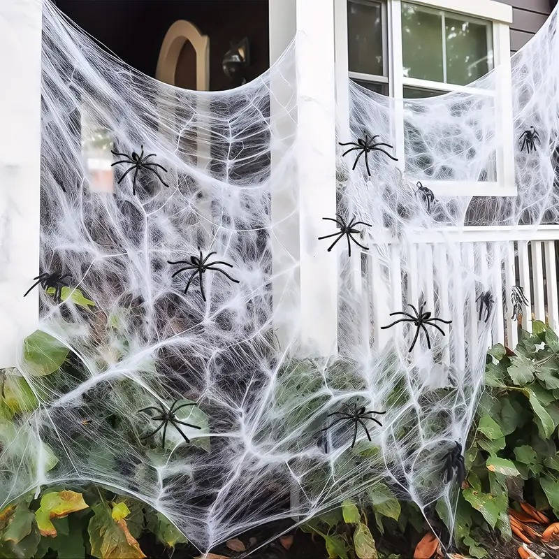 Stretchable Cobweb Set with 9 Plastic Spiders for Indoor & Outdoor Halloween Display – Covers 200 Sq Ft – Reusable Synthetic Web Material | Thomler