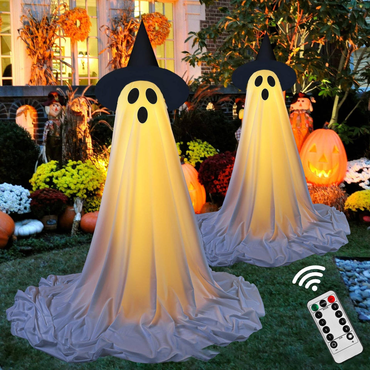 Remote-Control LED Ghost Yard Decorations 5 ft Tall – 2-Pack Lighted Halloween Figures with Timers, Fabric Drape & Stakes for Outdoor | Thomler