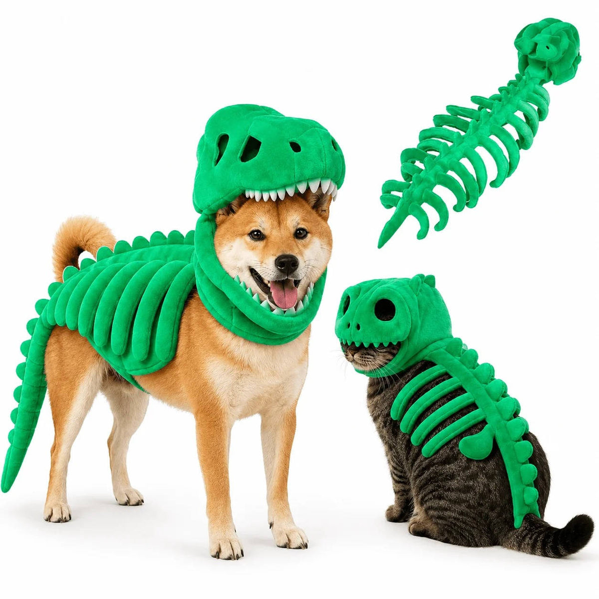 Dino Skeleton Outfit for Dogs & Cats – 3D Skull Cap, Raised Rib Detail, Flexible Tail, Plush Halloween Costume for Pets | Thomler