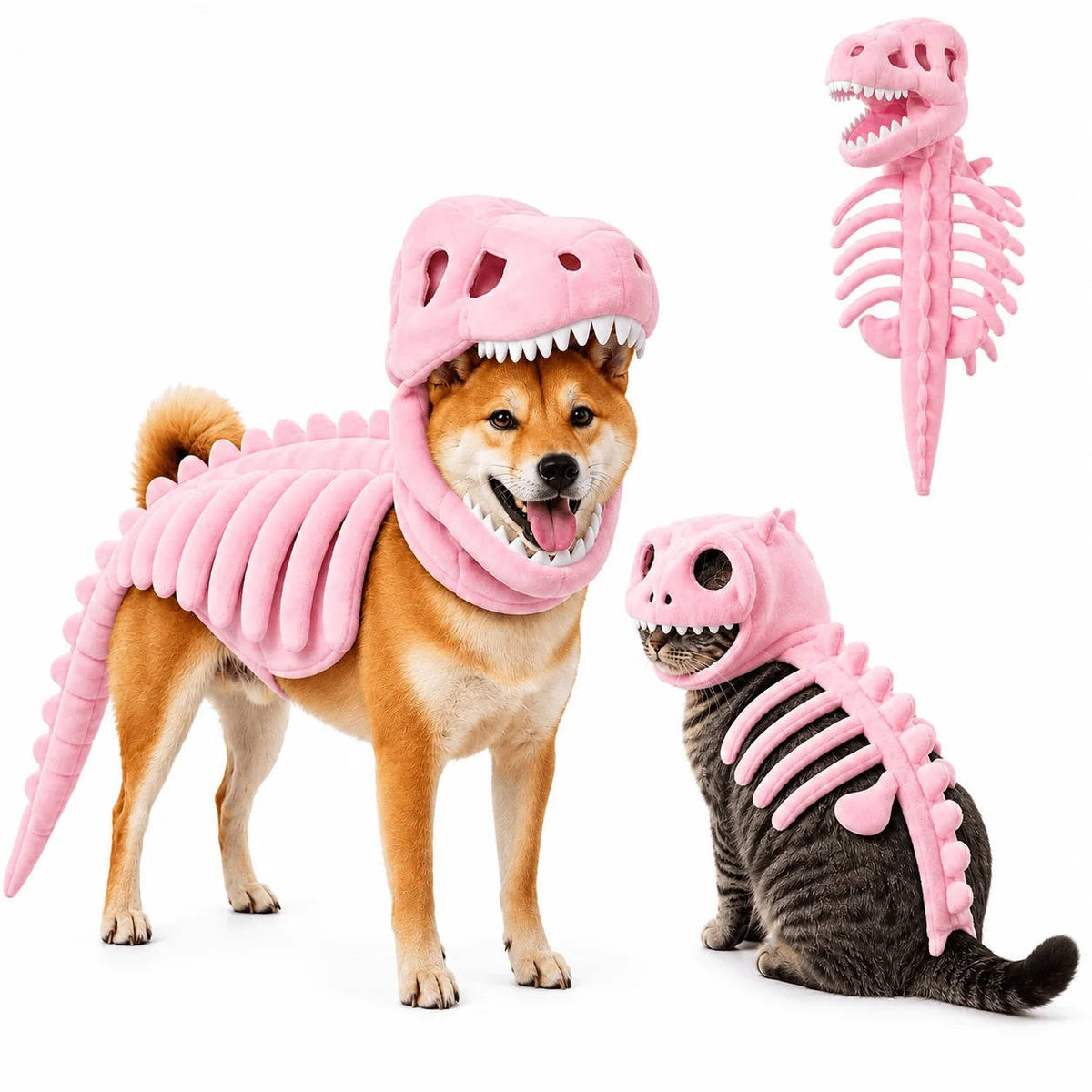 Dino Skeleton Outfit for Dogs & Cats – 3D Skull Cap, Raised Rib Detail, Flexible Tail, Plush Halloween Costume for Pets | Thomler