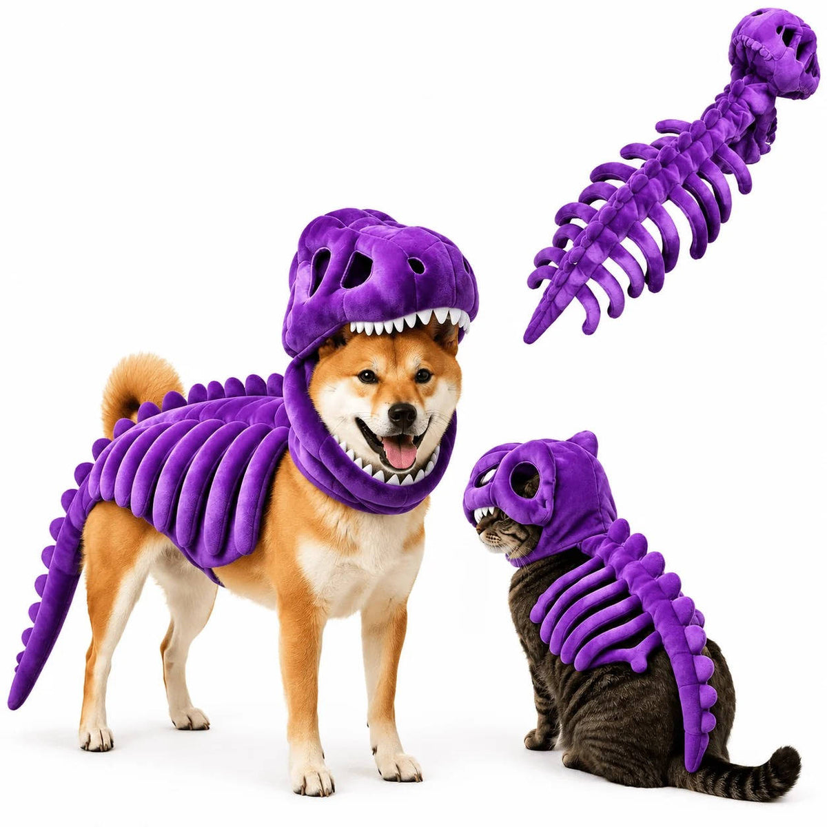 Dino Skeleton Outfit for Dogs & Cats – 3D Skull Cap, Raised Rib Detail, Flexible Tail, Plush Halloween Costume for Pets | Thomler