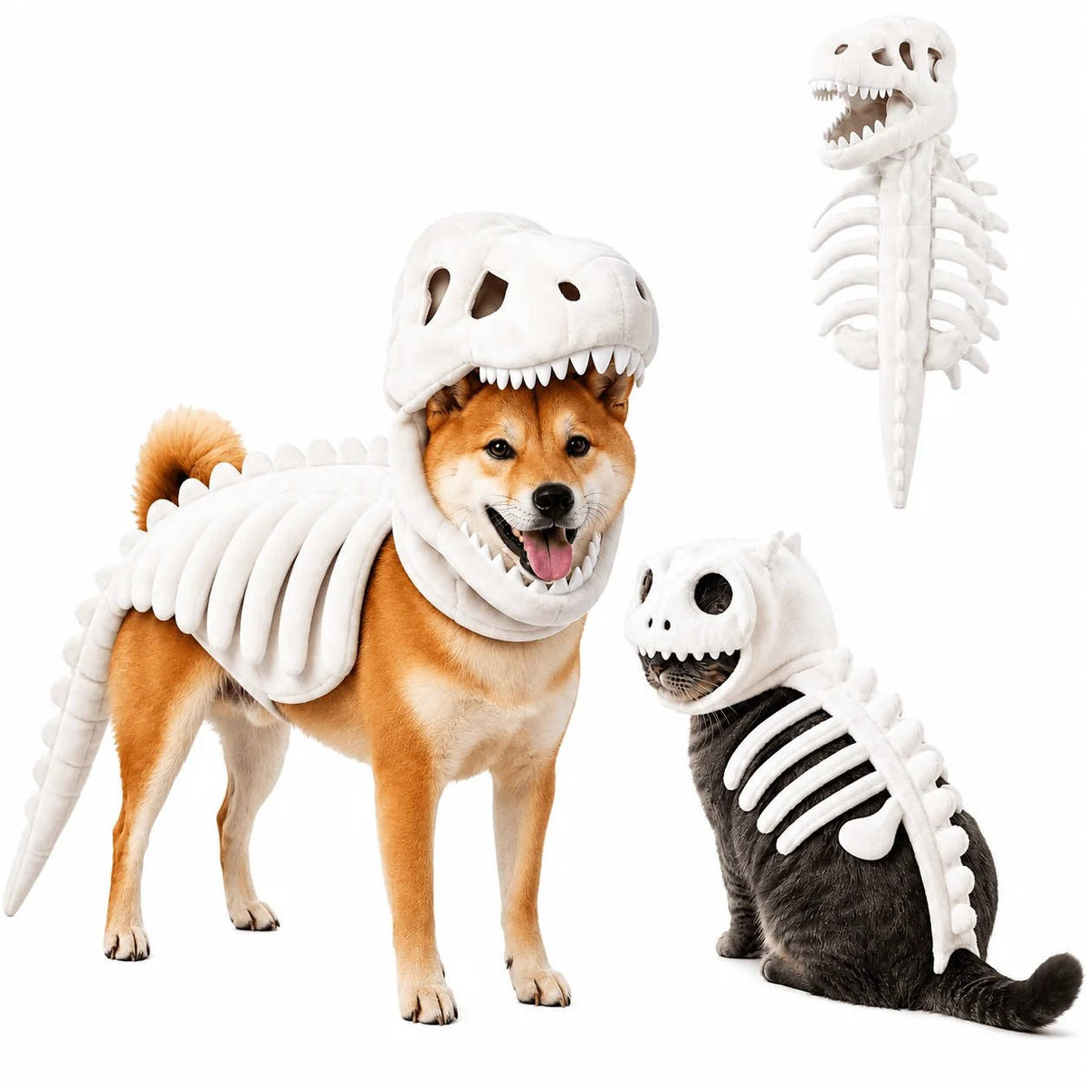 Dino Skeleton Outfit for Dogs & Cats – 3D Skull Cap, Raised Rib Detail, Flexible Tail, Plush Halloween Costume for Pets | Thomler