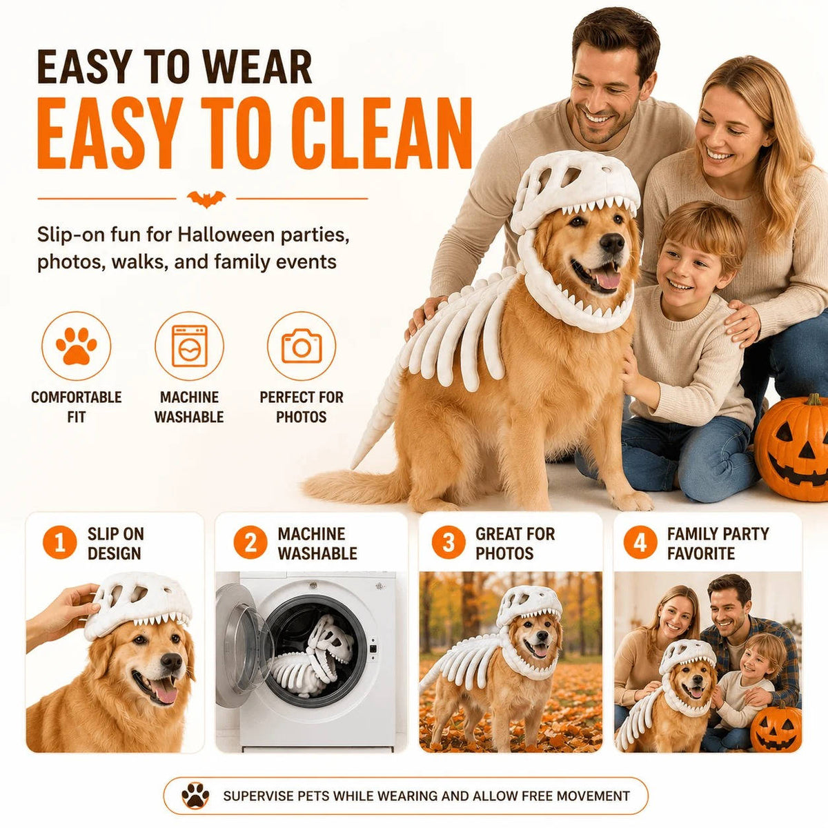 Dino Skeleton Outfit for Dogs & Cats – 3D Skull Cap, Raised Rib Detail, Flexible Tail, Plush Halloween Costume for Pets | Thomler