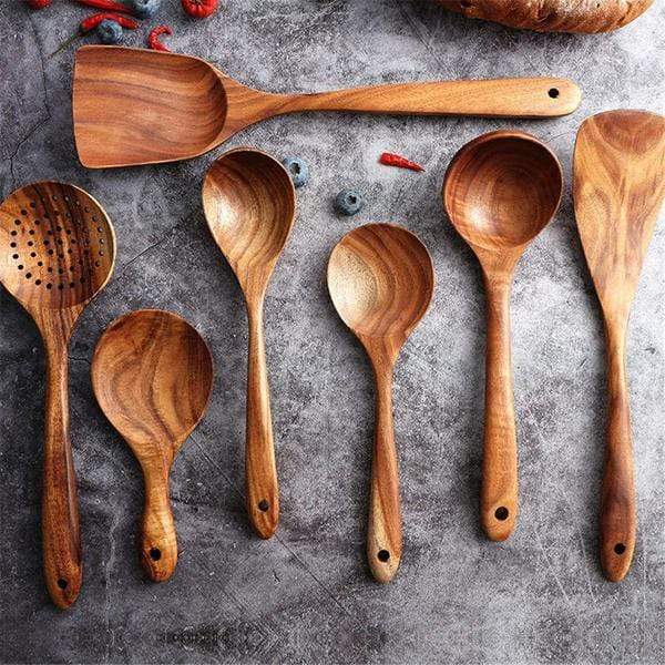 7-Piece Teak Wood Cooking Utensil Set – Natural Kitchen Tools for Non-Stick Cookware, Eco-Friendly Spatula Ladle Turner Spoon Collection | Thomler