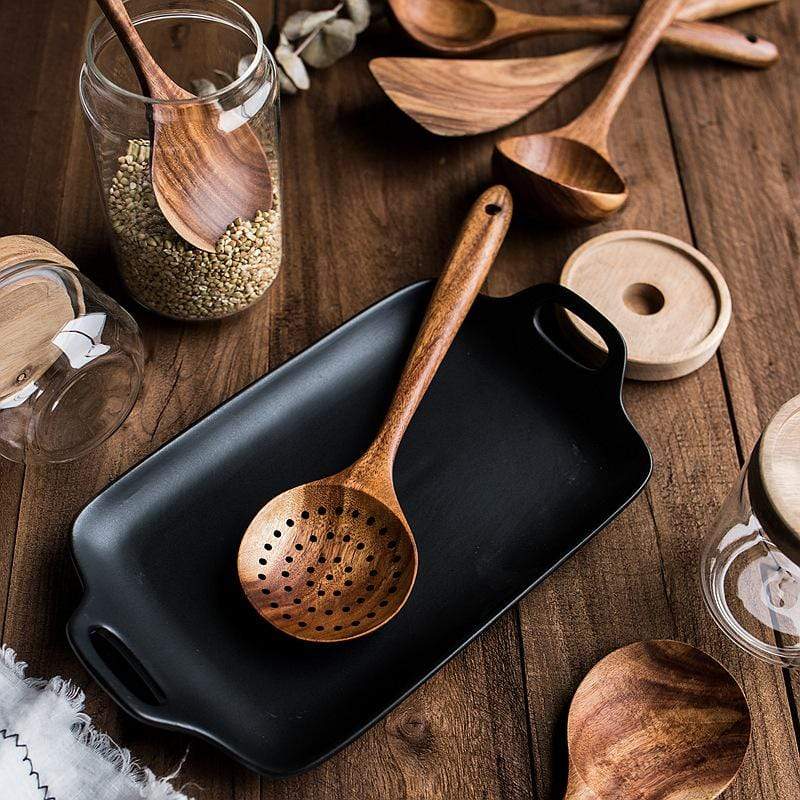 7-Piece Teak Wood Cooking Utensil Set – Natural Kitchen Tools for Non-Stick Cookware, Eco-Friendly Spatula Ladle Turner Spoon Collection | Thomler