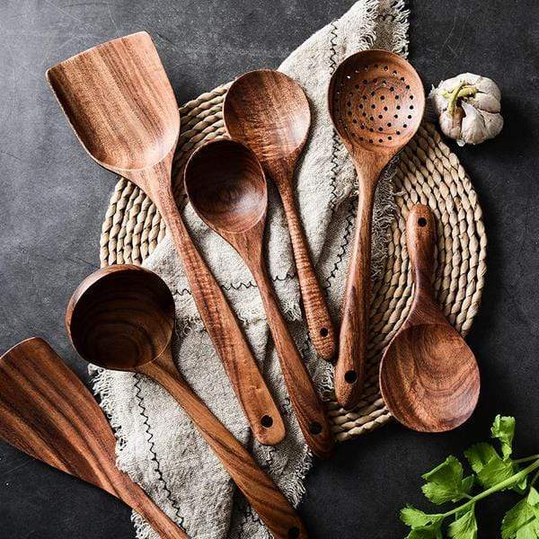 7-Piece Teak Wood Cooking Utensil Set – Natural Kitchen Tools for Non-Stick Cookware, Eco-Friendly Spatula Ladle Turner Spoon Collection | Thomler