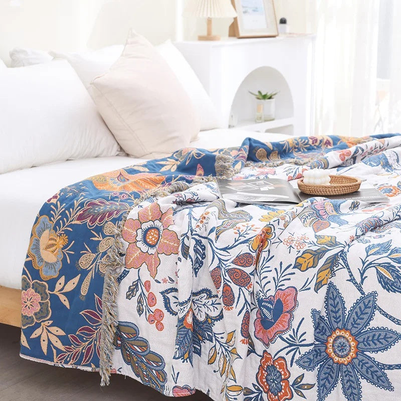 100% Cotton Jacquard Throw Blanket with Tassels – Reversible Floral Decorative Sofa Cover for All Seasons, Lightweight Woven Couch Throw | Thomler
