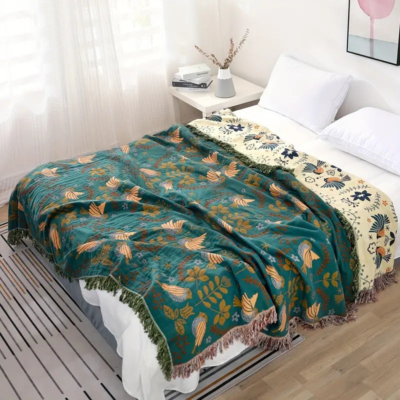 Cotton Throw Blanket Double-Sided Bird & Floral Design 100% Natural Fiber for Couch Bed Sofa Living Room Bedroom Decor Fringe Accents | Thomler