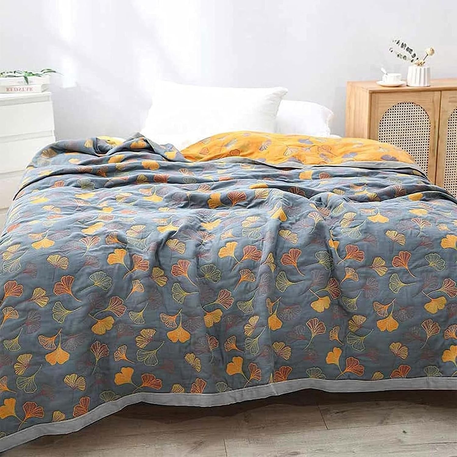 Reversible Ginkgo Leaf Throw Blanket Yellow Blue Botanical Print Soft Quilt for Couch Bed Sofa Beach Picnic Home Decor for Living Room | Thomler