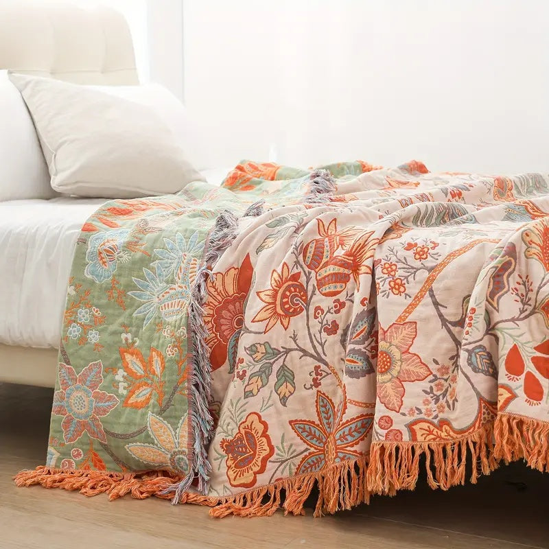 Cotton Throw Blanket with Fringe Tassels Floral Pattern Orange Blue Cream Bohemian Style Couch Sofa Bed Home Decor for Living Room Bedroom | Thomler
