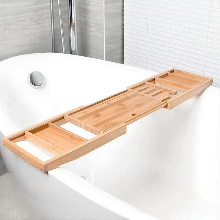 Adjustable Bathtub Tray Organizer with Wine Holder & Book Rest – Natural Water-Resistant Wood Finish | Thomler