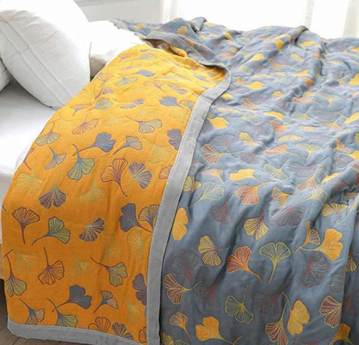 Reversible Ginkgo Leaf Throw Blanket Yellow Blue Botanical Print Soft Quilt for Couch Bed Sofa Beach Picnic Home Decor for Living Room | Thomler