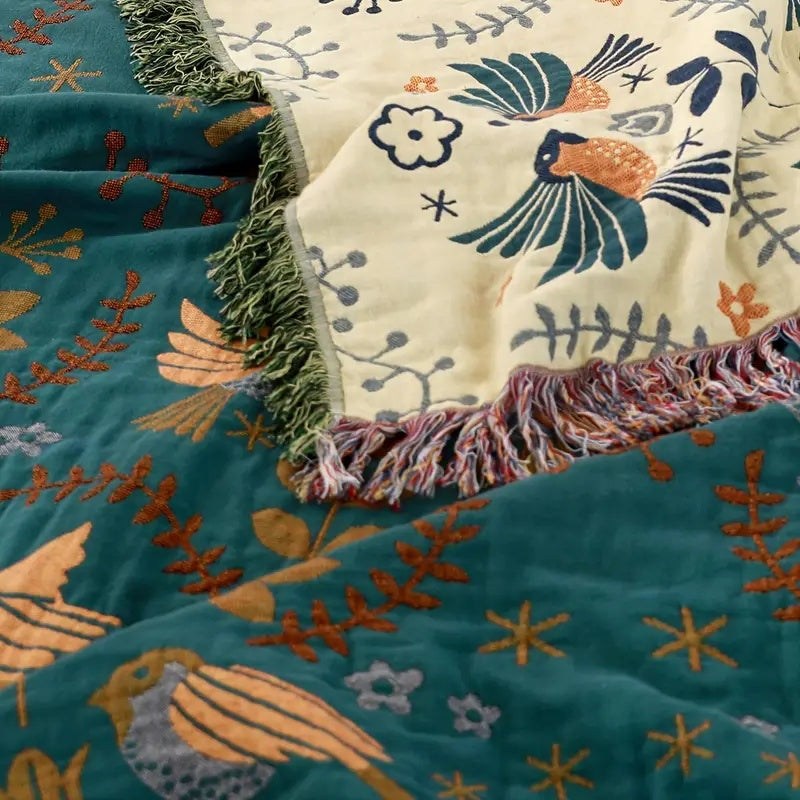 Cotton Throw Blanket Double-Sided Bird & Floral Design 100% Natural Fiber for Couch Bed Sofa Living Room Bedroom Decor Fringe Accents | Thomler