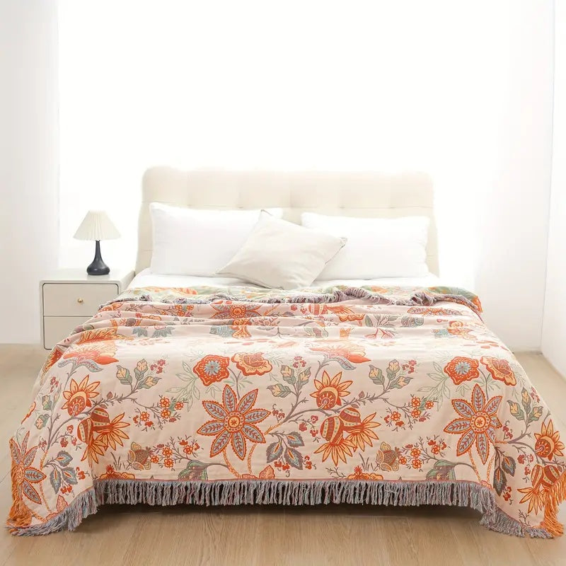 Cotton Throw Blanket with Tassels Floral Pattern Cream Orange Blue for Sofa Couch Bed Living Room Bedroom Bohemian Home Decor Lightweight | Thomler