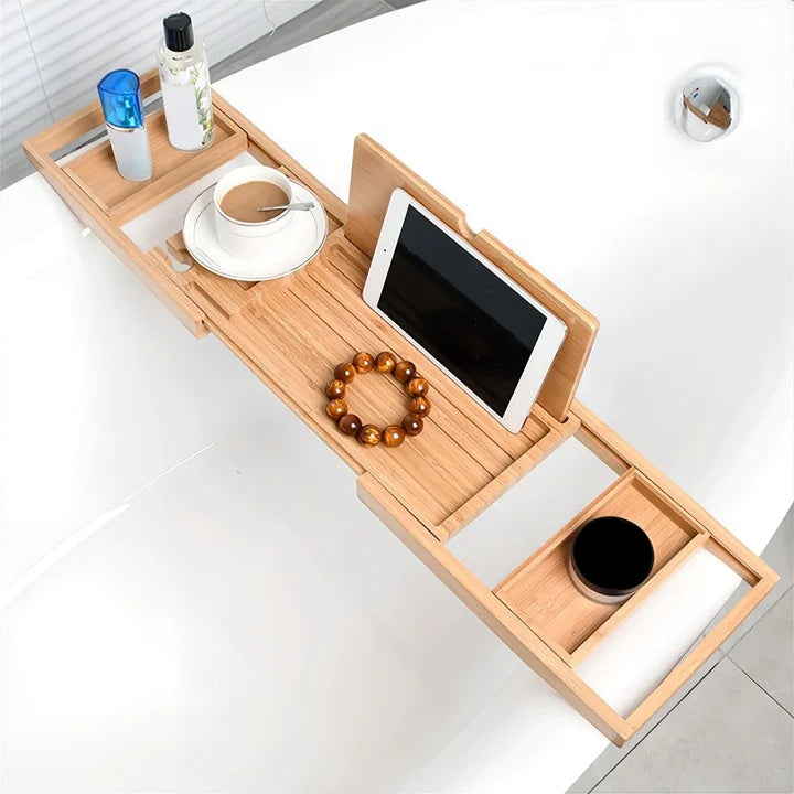 Adjustable Bathtub Tray Organizer with Wine Holder & Book Rest – Natural Water-Resistant Wood Finish | Thomler