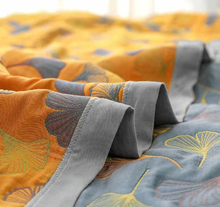 Reversible Ginkgo Leaf Throw Blanket Yellow Blue Botanical Print Soft Quilt for Couch Bed Sofa Beach Picnic Home Decor for Living Room | Thomler