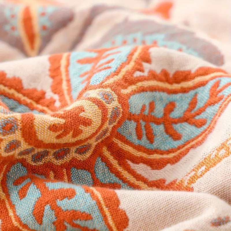 Cotton Throw Blanket with Fringe Tassels Floral Pattern Orange Blue Cream Bohemian Style Couch Sofa Bed Home Decor for Living Room Bedroom | Thomler