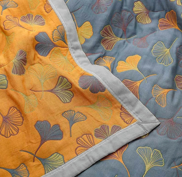 Reversible Ginkgo Leaf Throw Blanket Yellow Blue Botanical Print Soft Quilt for Couch Bed Sofa Beach Picnic Home Decor for Living Room | Thomler