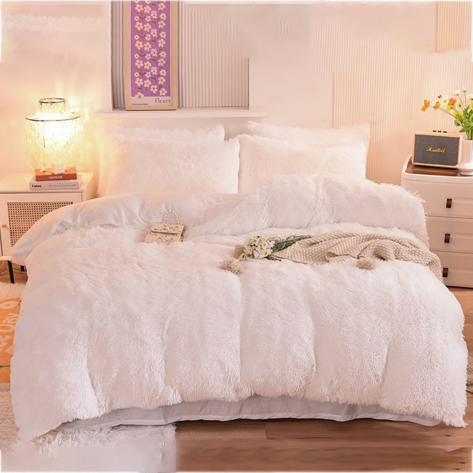 Reversible Faux Fur Duvet Cover Set - Plush Shaggy & Velvet 4-Piece Bedding - Full Queen King | Thomler