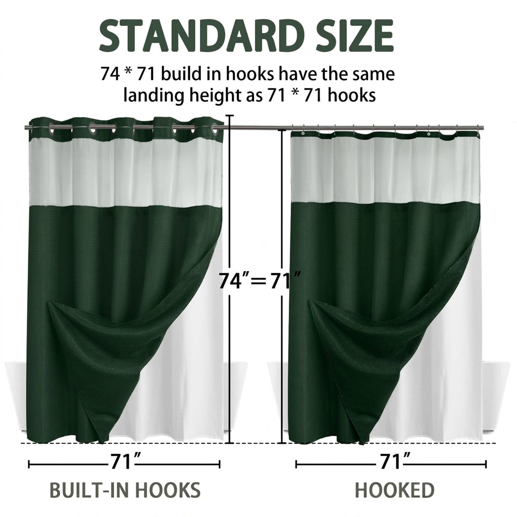 Hookless Shower Curtain with Built-In Snap Liner Waffle Weave Polyester Bathroom Curtain Easy Install No Rings Needed Quick Change Design | Thomler