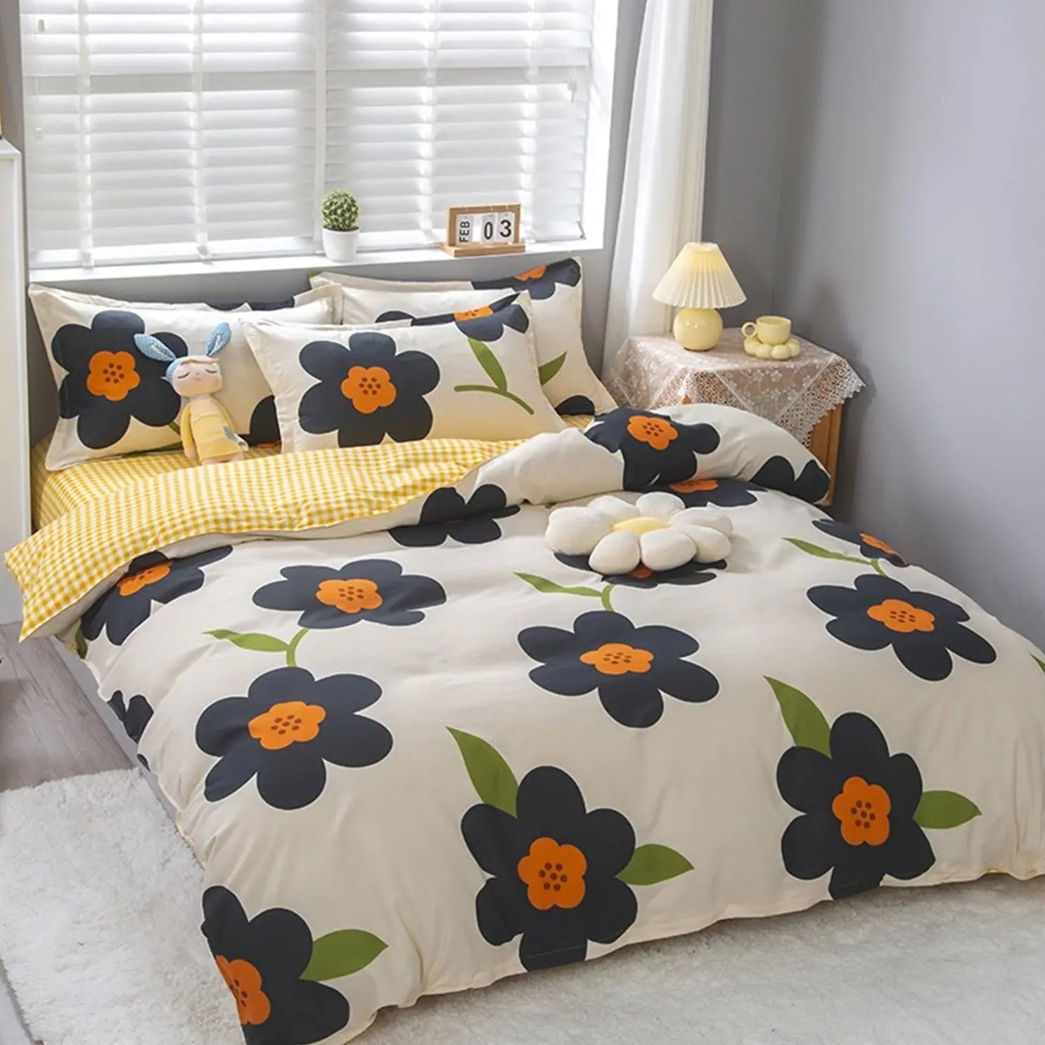 Botanical Cotton Comforter Cover Set with Reversible Floral Print for King Queen Single Beds – 4-Piece Bedding Kit with Pillow Shams | Thomler