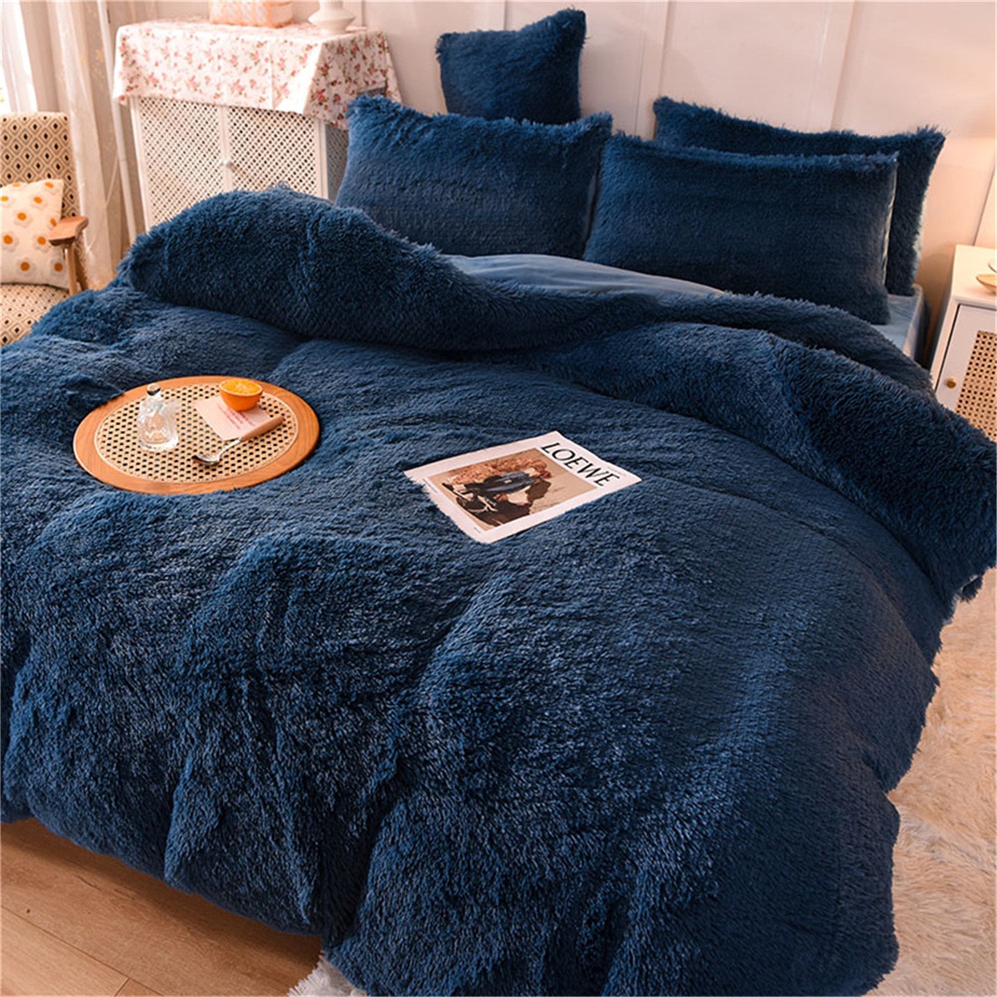 Reversible Faux Fur Duvet Cover Set - Plush Shaggy & Velvet 4-Piece Bedding - Full Queen King | Thomler