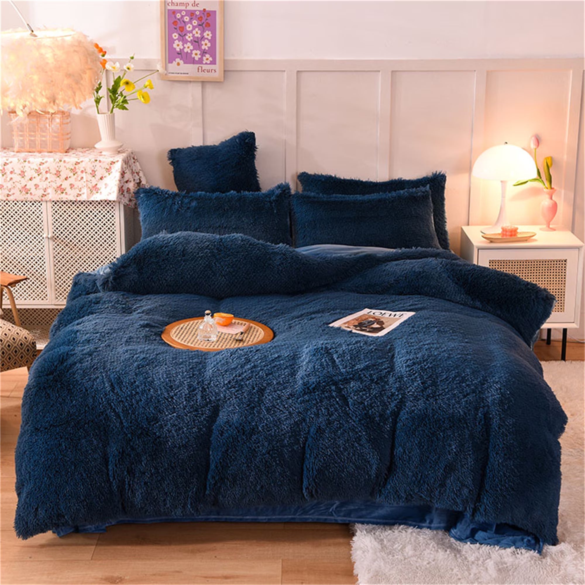 Reversible Faux Fur Duvet Cover Set - Plush Shaggy & Velvet 4-Piece Bedding - Full Queen King | Thomler