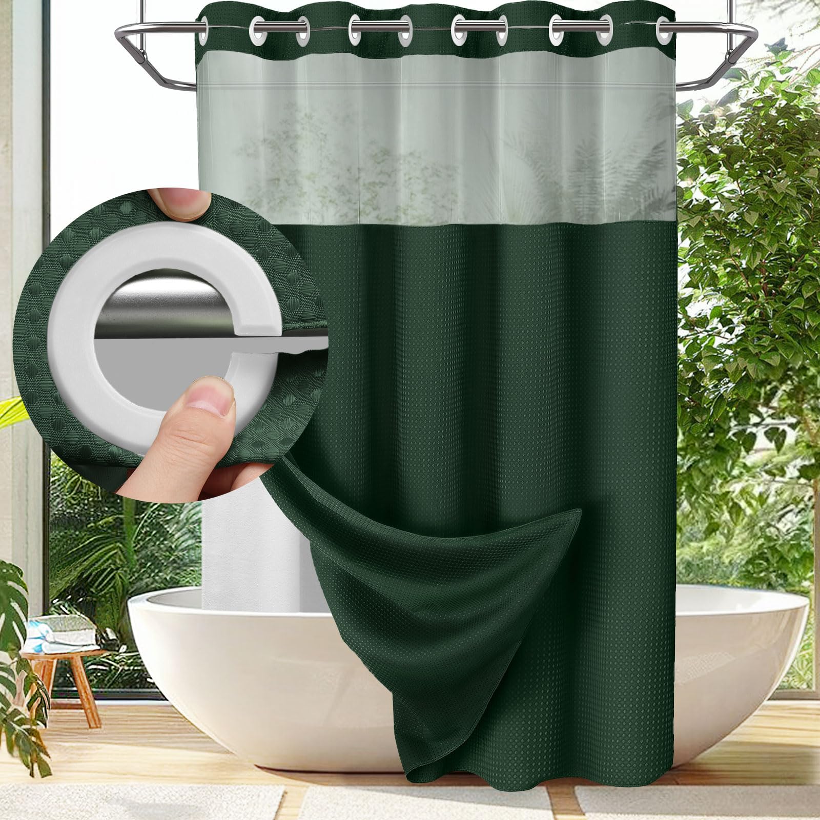 Hookless Shower Curtain with Built-In Snap Liner Waffle Weave Polyester Bathroom Curtain Easy Install No Rings Needed Quick Change Design | Thomler