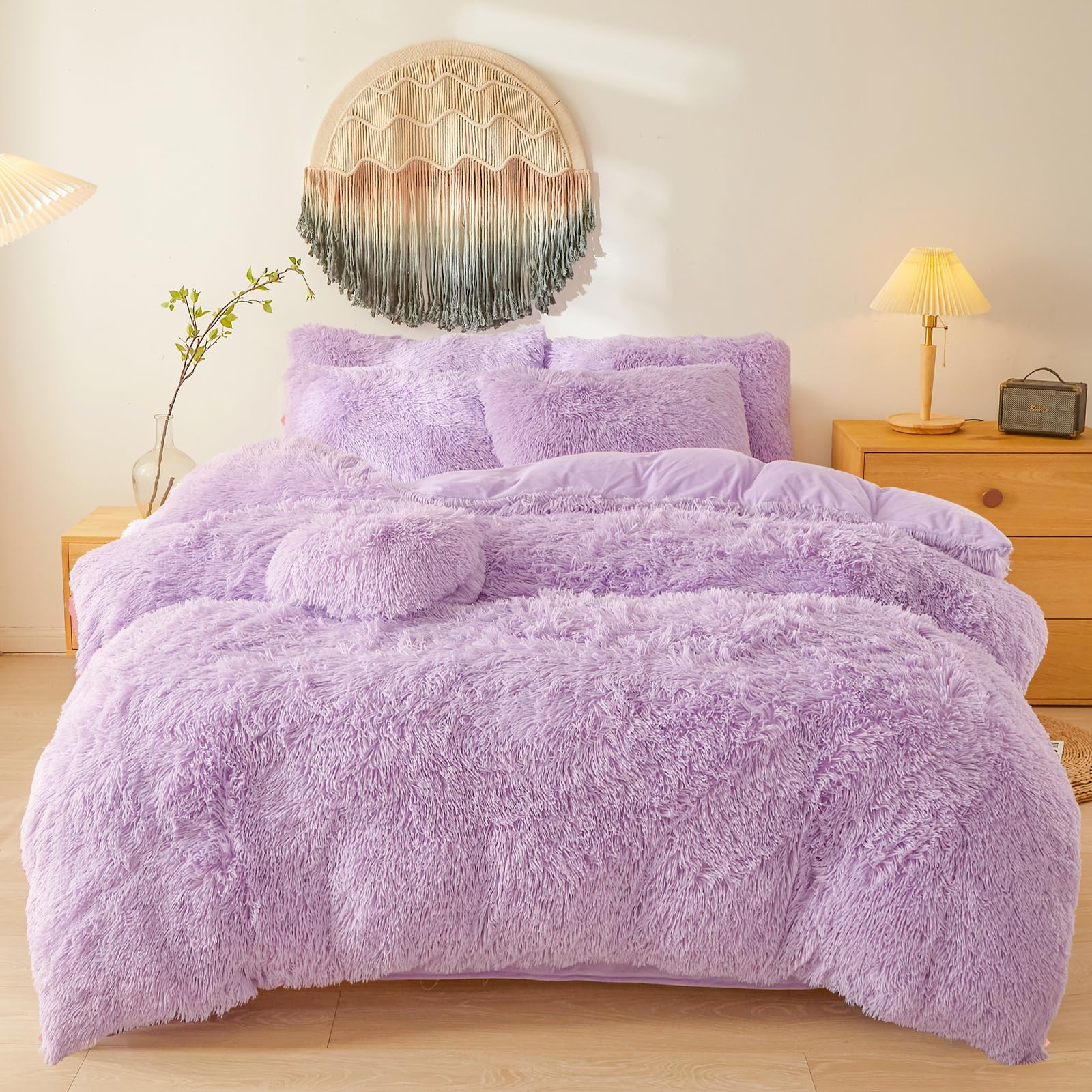 Reversible Faux Fur Duvet Cover Set - Plush Shaggy & Velvet 4-Piece Bedding - Full Queen King | Thomler