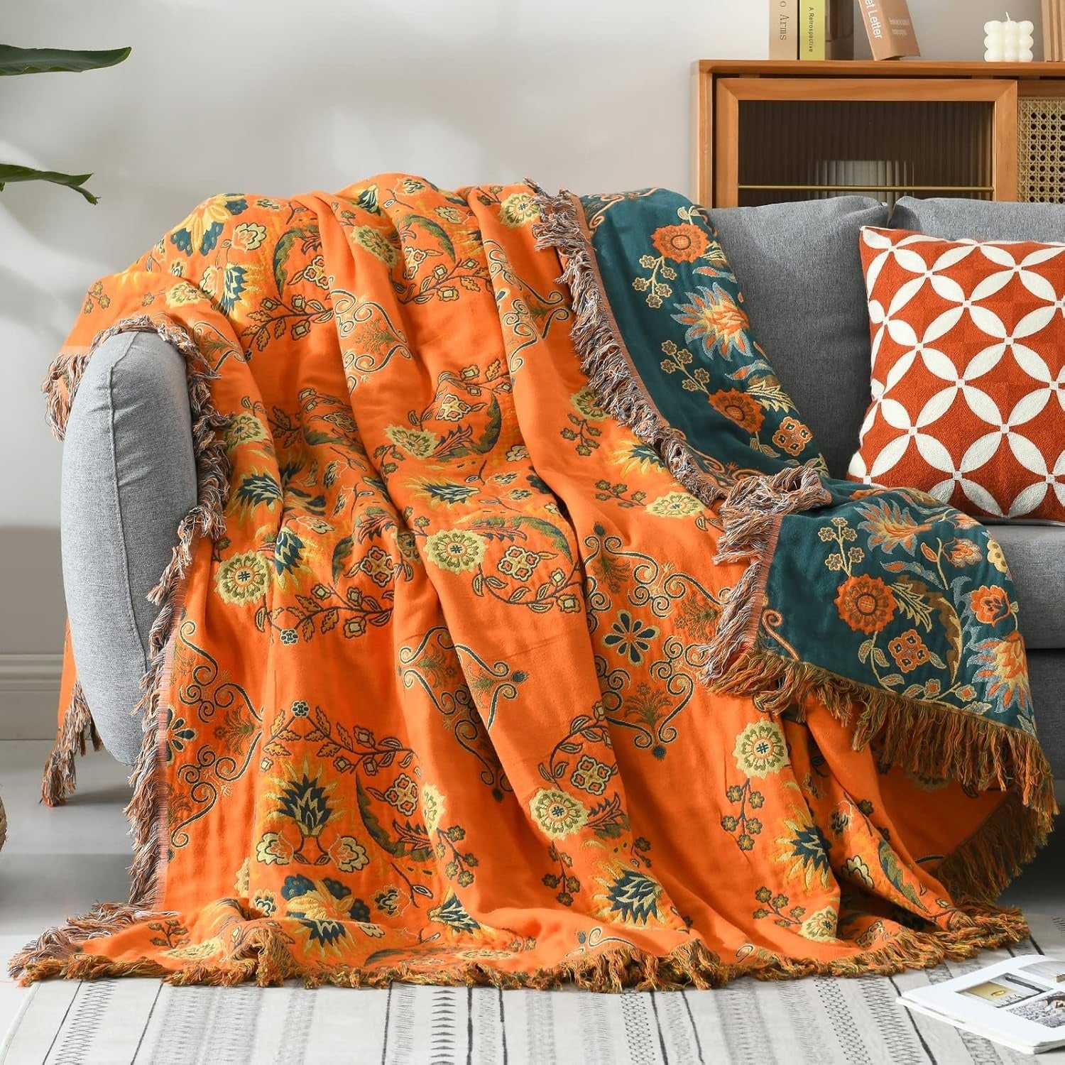 Reversible Cotton Throw Blanket with Floral Pattern Orange & Teal for Couch Sofa Bed Picnic Beach Home Decor | Thomler